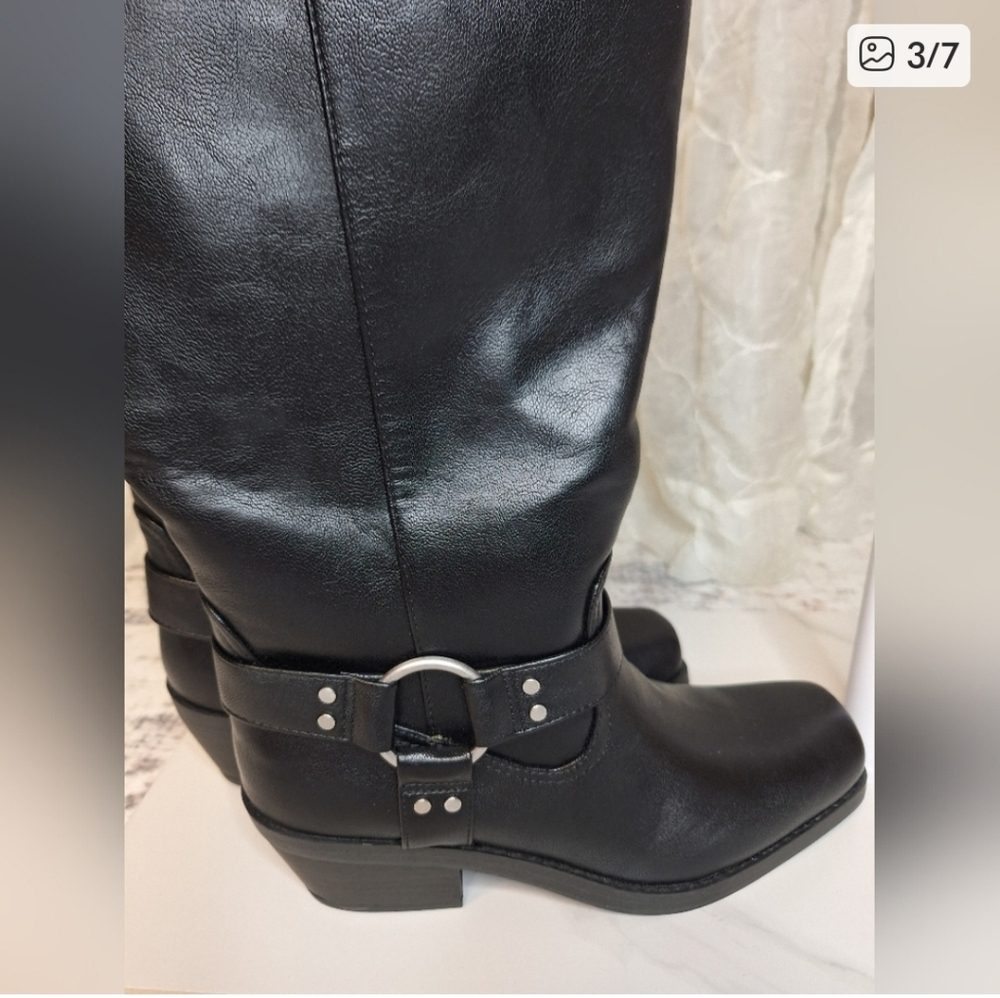 Universal Thread Black Faux Leather Wide Calf Riding Square Pointed Toe Boots - Picture 3 of 7